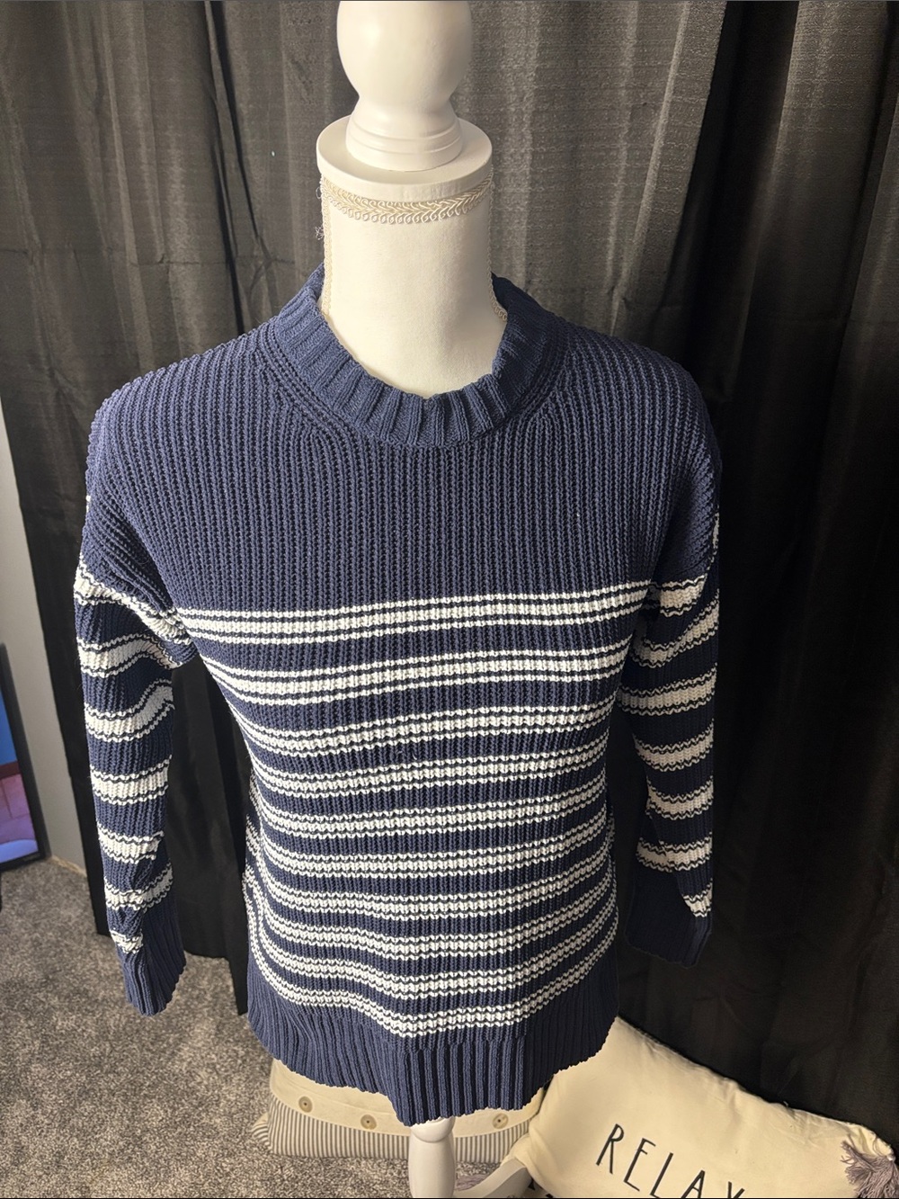 Time and Tru Navy and White Striped Crewneck Sweater - Men's
